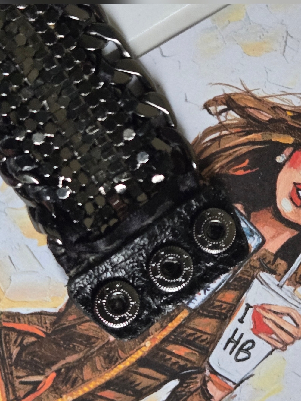 Vintage Henri Bendel Black Chain-Link & Crystals Wrap Leather Bracelet GUC - Picture 6 of 13